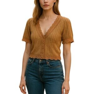 American Eagle Outfitters Bronze Lace Scalloped V-Neck Blouse Top NWT M